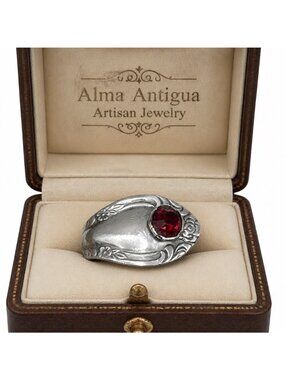 Reed & Barton Spoon Ring – Red Crystal & Floral Engraved Stainless Steel, Size 7